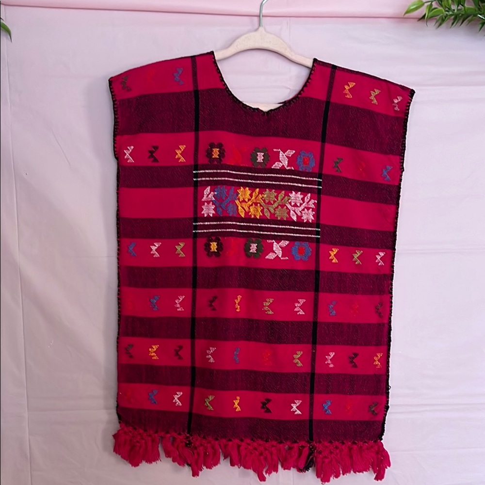 Artisan Red Poncho with Multicolor Embroidery
